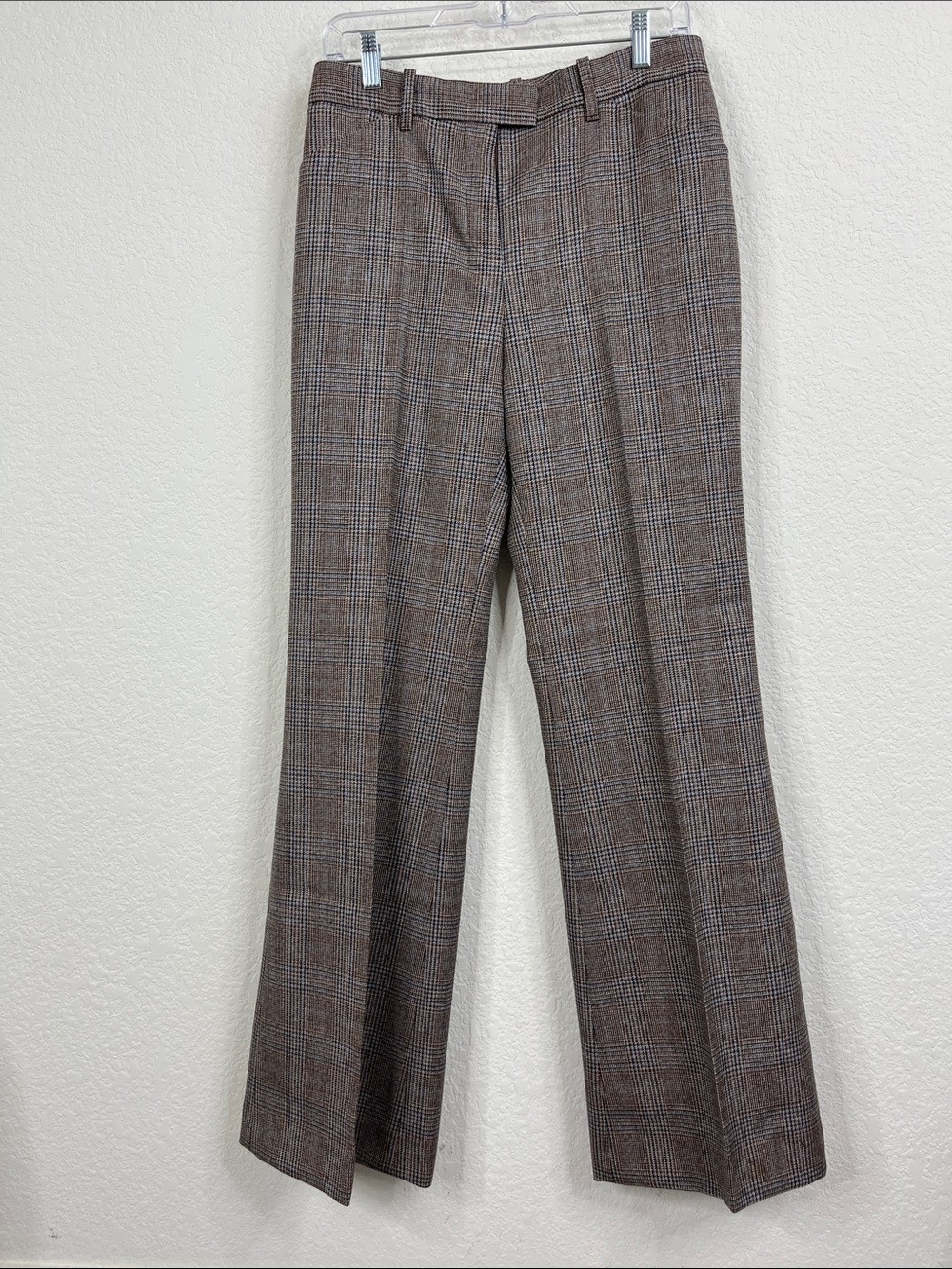 Barbara Bui Plaid Glen Checked Flat Front Wide Leg Pressed Seam Wool Trousers